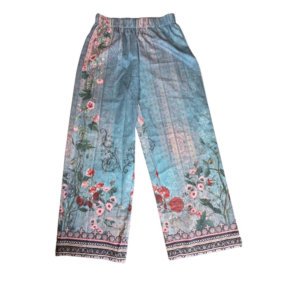 Boho Floral Border Print Wide Leg Palazzo Pants Large Blue Pink Unbranded